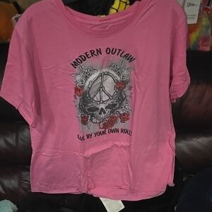 Pink Graphic Tee with Skull and Roses